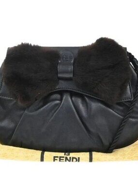 FENDI Logo Bow Shoulder Bag Fur Leather Black GHW Italy 65EG358